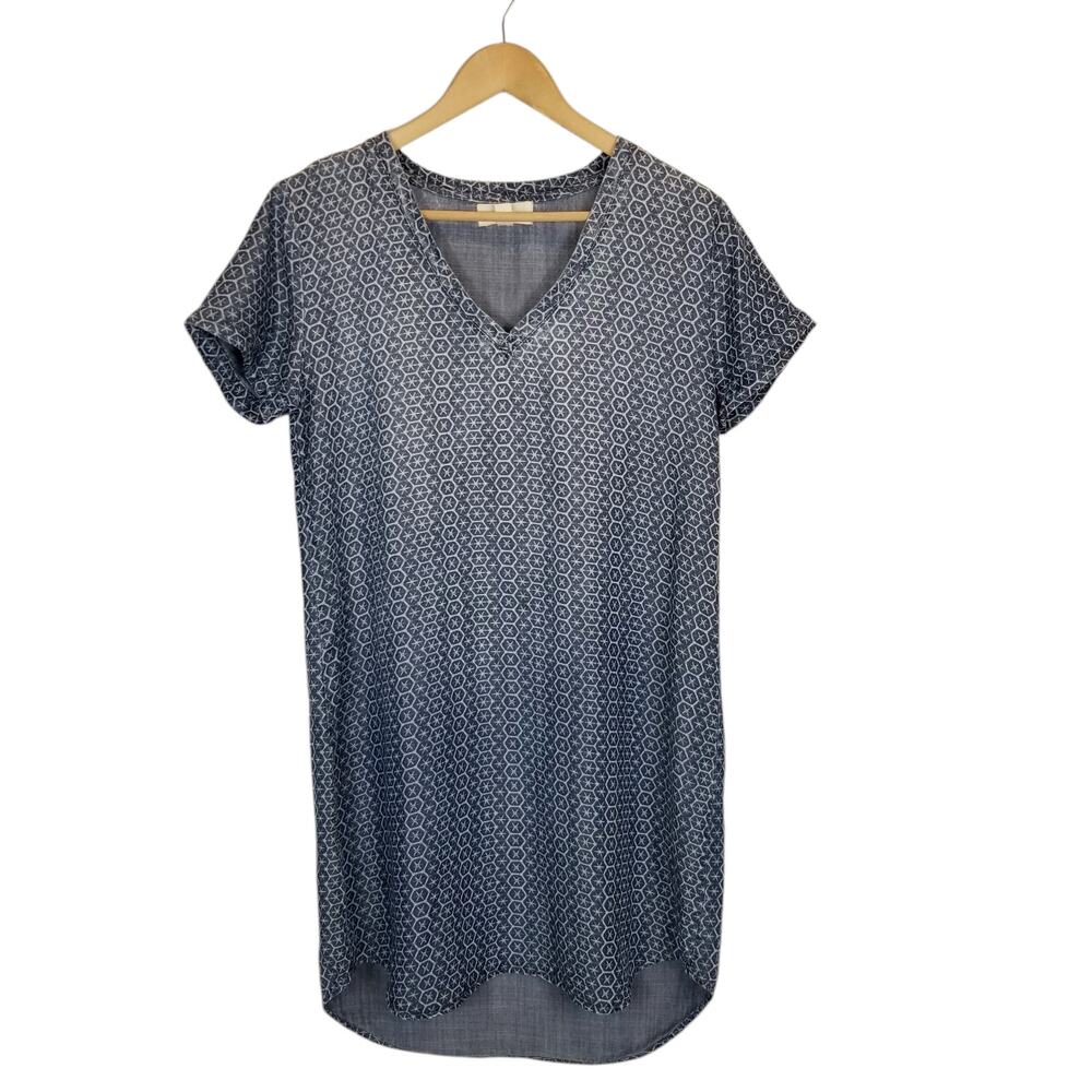 Anthropologie Cloth & Stone Printed Chambray V-Neck T-Shirt Shift Dress Small